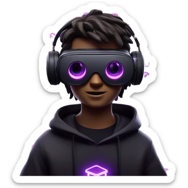 Harry Potter wearing a black hoodie with "OMG" letters on it and VR headset oculus quest 2 in a cyberpunk VR environment with violet neon lighting. sticker