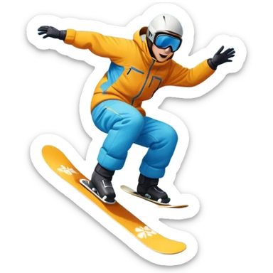 An icon featuring a snowboarder mid-jump, performing a stylish trick above a snowy mountain slope. The background showcases powdery snow, evergreen trees, and a bright blue sky. Transparent background captures the energy, skill, and thrill of snowboarding. sticker