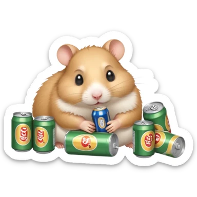 hamster sprawled out, tired expression, beer cans around sticker