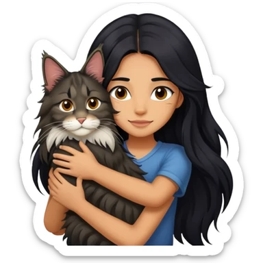 A girl with long black  hair tightly hugged a Maine coon sticker