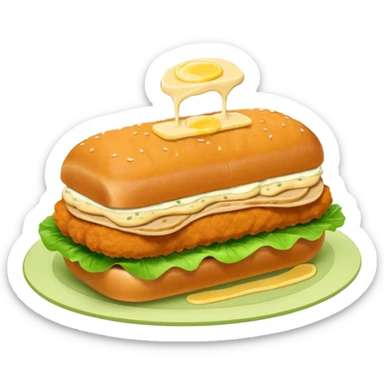 schnitzel sandwich: an oblong roll topped with a schnitzel, placed on a lettuce leaf, drizzled with remoulade, no cheese or other ingredients sticker