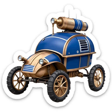 Old American West tarnished R2D2 bounty hunter 1854 delicately ornate rosegold accents painted dune buggy buckboard wagon powered by electric motors and batteries with safety features and belts flying rapidly across rough dusty terrain stable on strong agile steampunk suspension and steering  sticker