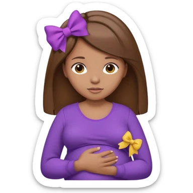 Brown Hair, straight, light brown skin, purple shirt, pregant, head, neck and abdomen only, purble bow in hair sticker