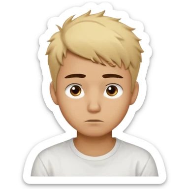 caramel skin color. Teen age. Short buzz, messy blonde hair, dark brown bushy eyebrows large expressive golden-brown eyes, brown skin color, scar over nose, wearing a plain white t-shirt. 20 year old male. thinking facial expression. caramel skin color.  sticker