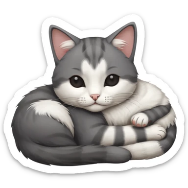 dark grey and white small cat with his eyes closed leaning his head on his paw while leaning on his elbow lying down sticker