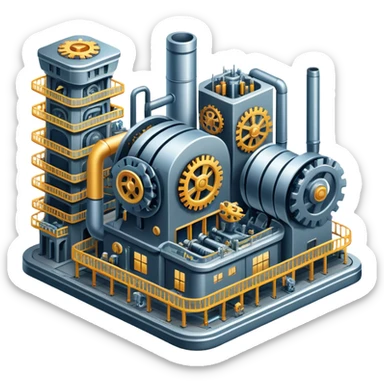 An icon featuring a giant factory with industrial machines and assembly lines, symbolizing mechanical engineering. The design includes gears, robotic arms, and blueprints, representing the creation of machinery and complex systems. Transparent background highlights innovation in manufacturing sticker