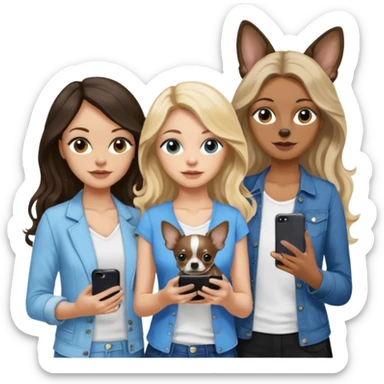 Three women in summer clothes holding iPhones, hazel eyed light skin with dark blonde long hair with black and tan chihuahua and Brown eyed,light skin,black long wavy hair and blue eyed light skin long blonde hair with blue spotted Merle Frenchie sticker