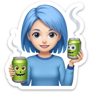 Chibi sticker of a woman with powder blue hair, lower back length, with white eyes hold a can of Monster with a smug smile; cozy cartoon style sticker