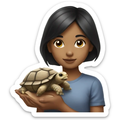 Little girl with black hair and light tan skin holding a tortoise sticker