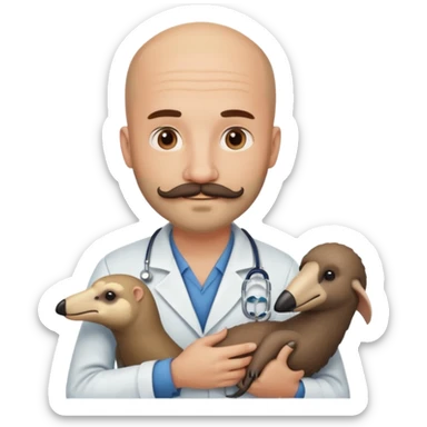 A bald veterinarian with a beard and mustache holding an anteater sticker
