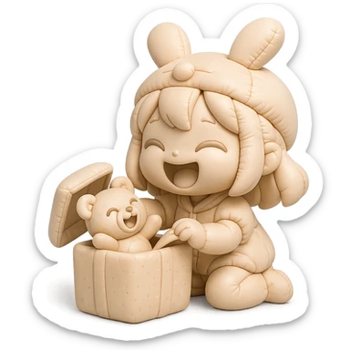 laughing chibi cute girl with a bunny hat, unwrapping a magical glitter gift box with a small laughing teddy bear inside, full body, clean and polished, no imperfections, cushion style sticker