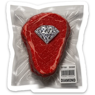 meat steak with sparkling diamond facets, glossy and puffy, vacuum-sealed style sticker