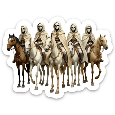 cinematic - aesthetic brilliant divine lighting, oil paint - ivory Four thin women as riders of the Apocalypse, after a graphic by Albrecht Dürer in a desolate landscape on horse skeletons sticker