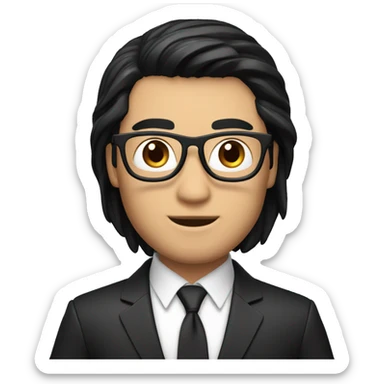 memoji of a male with a laptop in front,apple-style,modern,black hair,black suit,computer in hand --ar 1:1 sticker