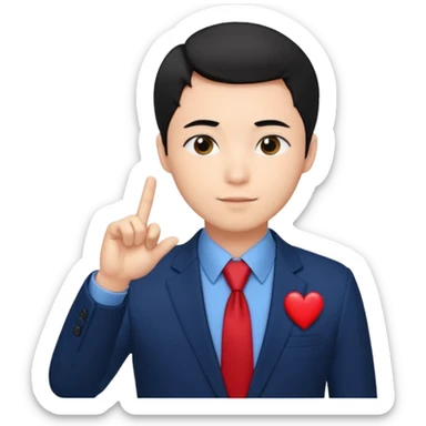 A man in very black short hair with all back hair style, wearing dark blue suit and red tie, making a Korean finger heart like photo sticker