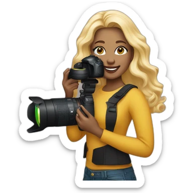women photographer wearing black light skin with honey colored blonde hair holding a camera canon sticker