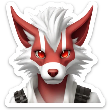 White edgy cute badass epic anthro modern albino sergal-vernid-Fakémon with red mane and red eyes, red stripes, red horns,  full body sticker