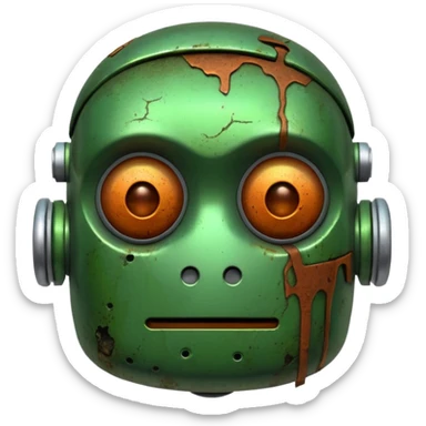 make a tired old robot emoji, covered in green sludge sticker