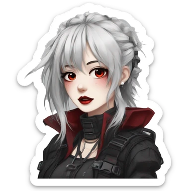 Gorgeous gothic dark techwear anime style lady with blushing face aesthetic and pretty edgy black red punk messy hair with collar and harness trending style sticker