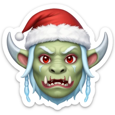 Fantasy orc emoji portrait, Santa Claus hat stretched around tusks, tusks covered with ice and crimson frost cracks, cold predator expression, winter hunt atmosphere, minimal clean emoji design, female variant
 sticker