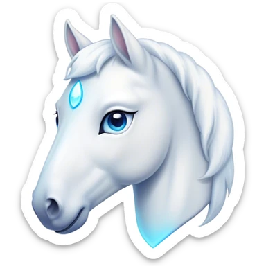 Cinematic Cute White Horse Portrait Emoji, Head tilted playfully and inquisitively, showcasing a glossy white fur with a luminous sheen and gentle, expressive blue eyes, Simplified yet irresistibly adorable features, highly detailed, glowing with a warm, friendly glow, high shine, affectionate and spirited, stylized with a touch of whimsy, bright and endearing, soft glowing outline, capturing the essence of a mischievous yet loving horse, so playful it feels like it could prance out of the screen and into your arms! sticker
