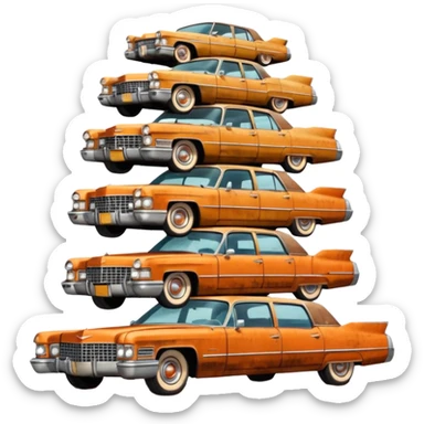 Cinematic realistic ultra HD - a pile of old vintage cadillac cars stacked in a pyramid sticker