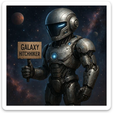 A robot hitchhiking across the galaxy, holding a sign that says 'Galaxy Hitchhiker', realistic and detailed, sci-fi style sticker
