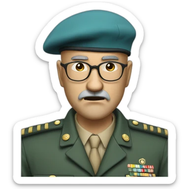 Realistic cyan beret bald very furious 50 years old man with glasses no hair furious very angry frown with khaki uniform sticker