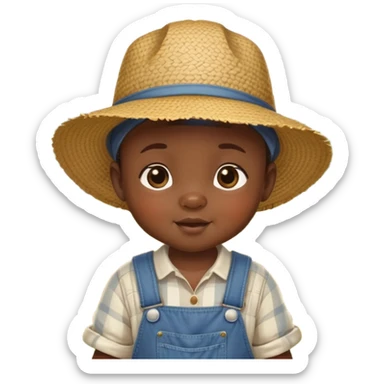 African baby in vintage countryside clothes, overalls, straw hat, chubby cheeks, rural farm setting sticker