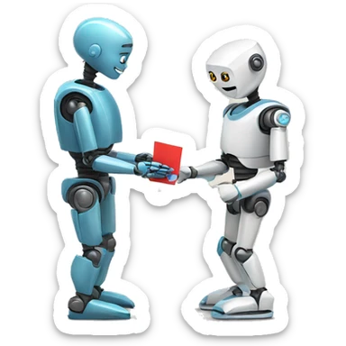 a cute robot handing a card to a human student sticker