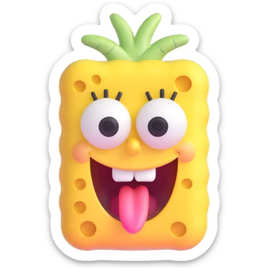 Spongebob Squarepants with rounded features, sticking tongue out, 3D emoji style sticker