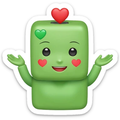 A cute green block-headed mascot with a happy face and blush, wearing “FGH” on its chest. It holds a shiny red heart in one hand. Chibi style, soft glow outline, cheerful and friendly. sticker