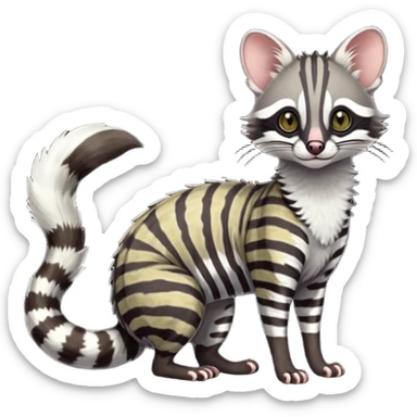 Feral Rare Fantasy shaded detailed colorful Genet-Trico-Civet-Cacomistle-Margay-Opposum-species by LiLaiRa,, with white stripes with dark-blackish points, white belly, random markings, tufted tail, tufted ears, full body sticker