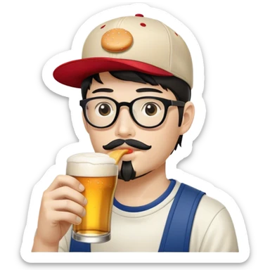 half japanese white hipster wearing a flat bill baseball cap sipping on a pint of beer holding a hamburger in the other hand sticker