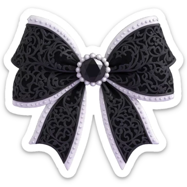 3D emoji gothic bow, white velvet, silver filigree, black gemstone, black lace trim sticker