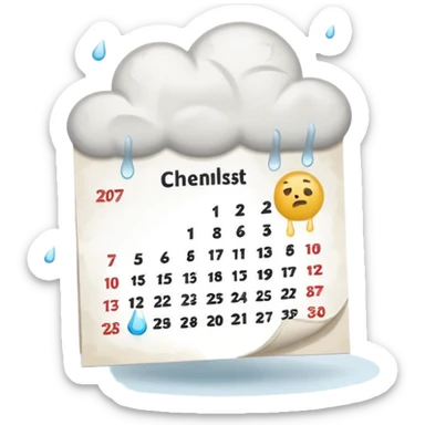 Minimalist emoji of a tilted, crumpled calendar page with faint, incomplete checklist marks, a small rain cloud dripping above it, and a dim, muted colour palette to symbolise a productivity slump and lost discipline. Flat vector style, soft shadows, transparent background sticker