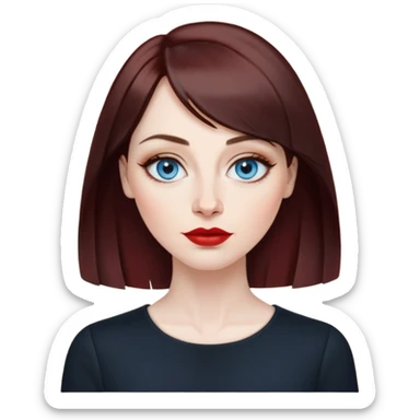 Artistic woman in her 40s with pale skin, oval face, large expressive blue eyes with eyeliner, thin arched eyebrows, small nose, full lips with red lipstick, dark auburn hair that's straight with slight waves at ends, straight bangs, wearing a black top, warm creative expression sticker