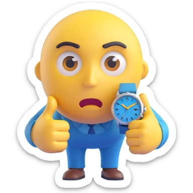 A yellow emoji face with a worried expression, looking at a wristwatch with raised eyebrows, showing urgency and stress sticker