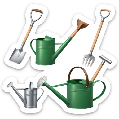 gardening tools collection with shovel rake watering can sticker
