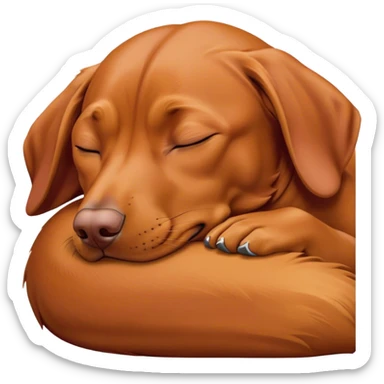Meme-Worthy Cute Sleeping Vizsla Portrait Emoji, Head resting peacefully with a contented smile, showcasing a sleek, athletic build and a luxuriously soft rust and gold Fur, eyes shut in a serene nap, Simplified yet hilariously adorable features, highly detailed, glowing with a soft, drowsy light, high shine, relaxed and utterly lovable, stylized with an air of playful laziness, bright and heartwarming, soft glowing outline, capturing the essence of a comically sleepy companion, so meme-worthy it feels like it could instantly become the next viral sensation of adorable slumber! sticker