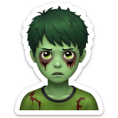 Boy, zombie, green skin, black, short and curly hair with bangs, round shaped hair, emo, ultra dark, bored expression with tired eyes  sticker