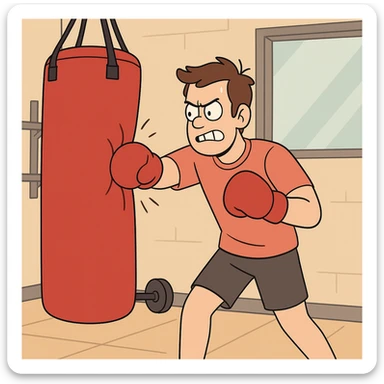 Hit a punching bag – to punch a padded bag for exercise or stress relief.
He went to the gym to hit a punching bag and blow off steam. Background Gym
 sticker