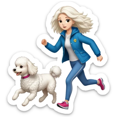 A beautiful tall girl with fair skin and long hair wearing a jacket and running with a Bichon Frise sticker