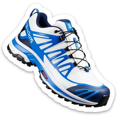 Minimalist white Salomon XT-6 with blue signature Salomon stripe across the middle, one positioned behind the other, iOS emoji style, completely white except for the distinctive colored middle stripe sticker