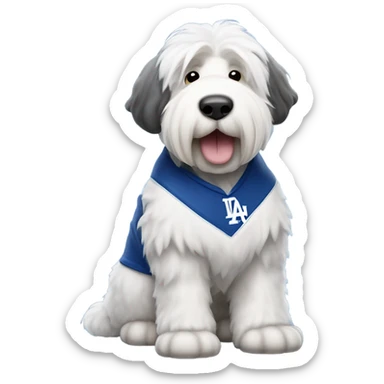 An old English sheepdog full-height wearing a Dodgers shirt sticker