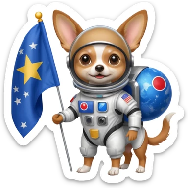 a chihuahua dog in space suit, holding blue rectangle flag, full body, front view sticker