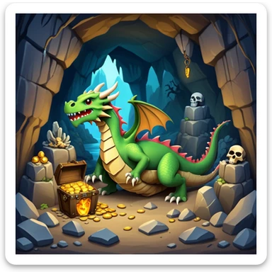 Dragon lair in a mountain cave with treasure piles and bones sticker