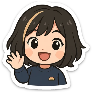 Edit this exact chibi girl to look happy and waving, keeping the same anime chibi style, face, hair, and outfit. Add a big smile, bright eyes, and her hand raised in a waving gesture. Maintain transparent background. Sized for Twitch emoji use. sticker