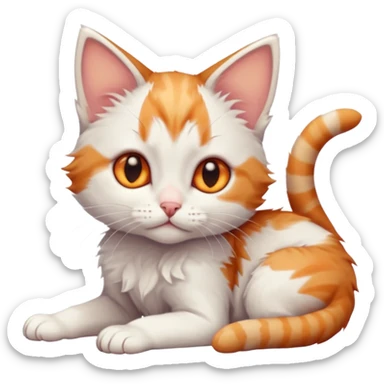full body of very small + skinny ginger and white kitten with deep orange eyes and triangular shaped face lying down with bent front paws sticker