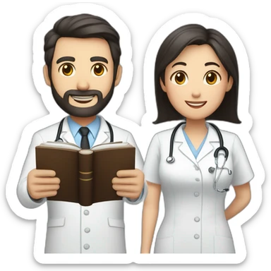 middle age american man with dark brown hair with trimmed beard wearing a suit holding a bible, beside woman asian middle age with black shoulder length hair wearing a nurse uniform sticker